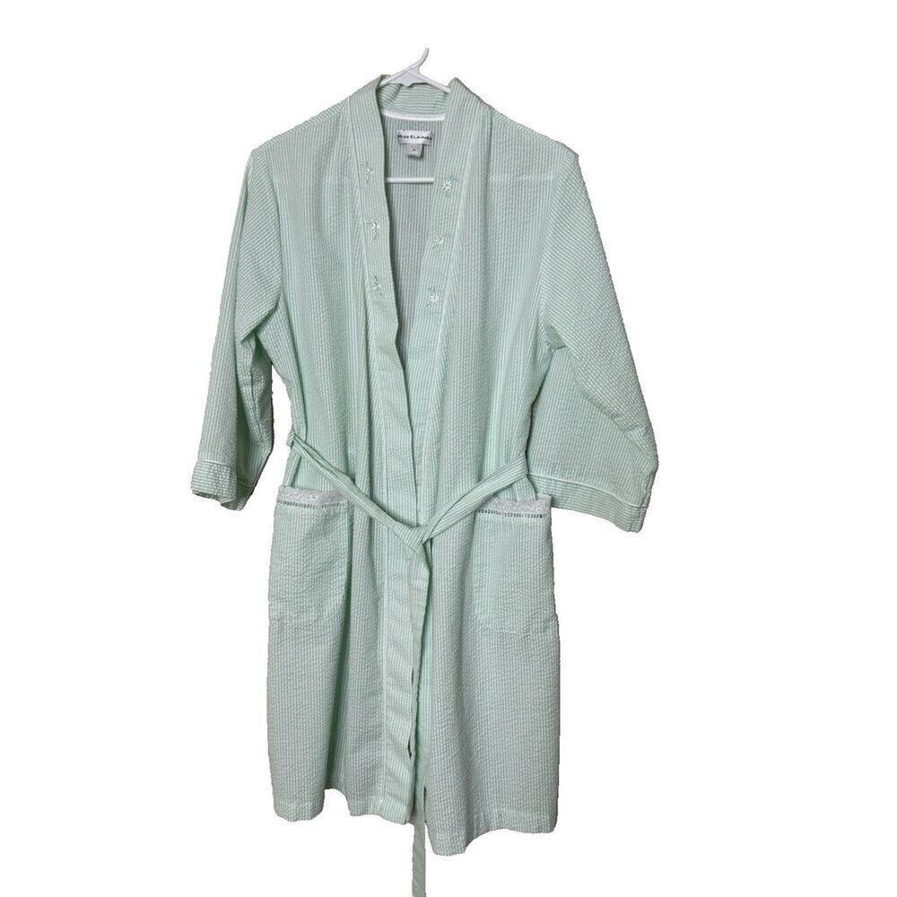 Miss Elaine Seersucker S bathrobe Eyelet Lace Green Robe Kimono Tie Front Stripe